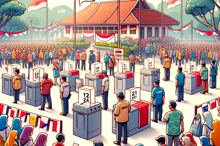 DALL·E 2024-01-02 18.36.31 - Illustration of a busy Indonesian voting station during the 2024 elections, with voters lining up, election officials, ballot boxes, and Indonesian fl