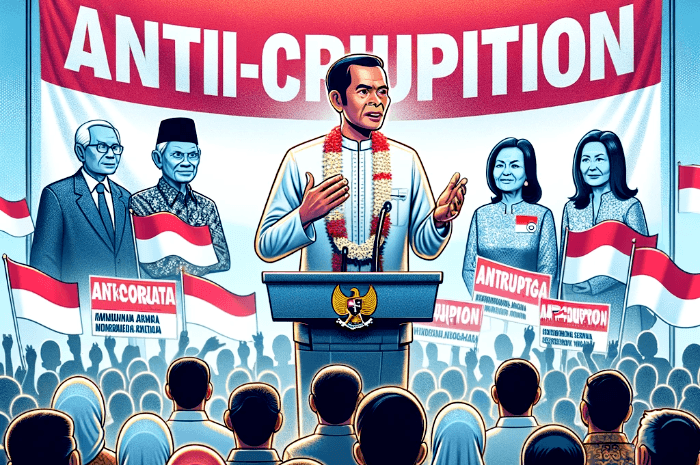 DALL·E 2024-01-02 18.06.21 - Indonesian presidential election campaign focused on anti-corruption, candidate giving a speech with anti-corruption banners, diverse audience listeni