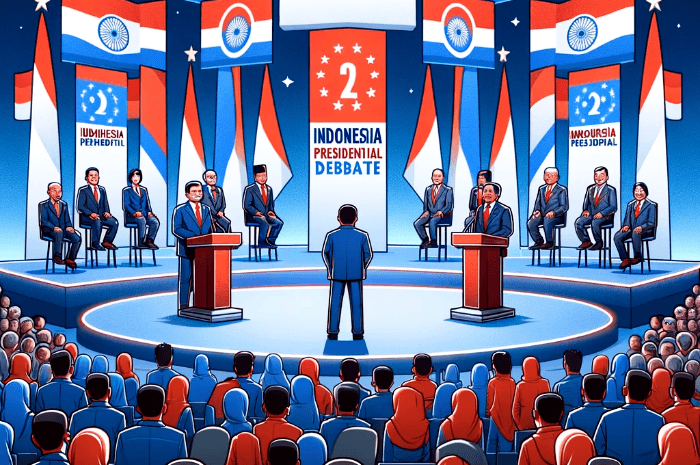 DALL·E 2024-01-02 18.23.10 - Indonesian presidential debate in 2024 with candidates on stage, audience watching, political banners and Indonesian flags, digital illustration