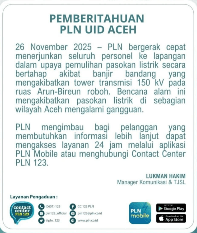 Pemadaman listrik Aceh tower 150 kV roboh