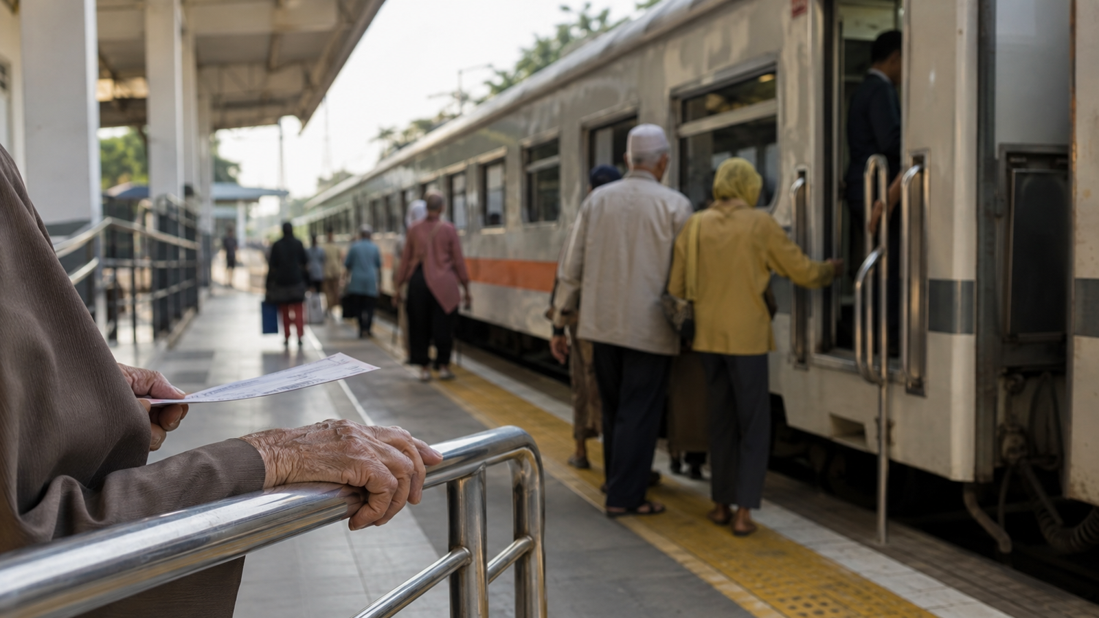 Kereta api berada di peron stasiun di Sumatera Utara tanpa menampilkan wajah penumpang secara jelas